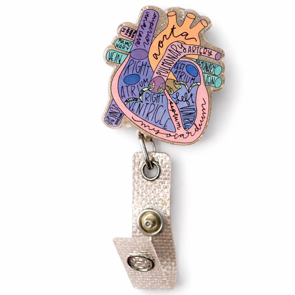 NWT Anatomical Heart Badge Reel Nurse ID Holder Retractable Glitter Clip